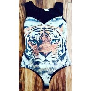 Vintage Tiger Face Bodysuit Rhinestoned Medium Black 90s Y2K Mesh Open Back